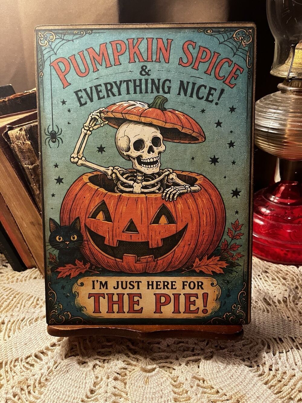 Halloween, Pumpkin Spice Pie, Skellie, Retro Handcrafted Plaque